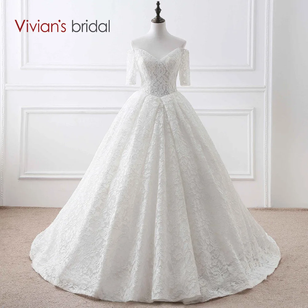 Vivian's Bridal Simple Lace Ball Gown Wedding Dresses Off Shoulder Half Sleeve Lace Up Wedding Gown 28410
Vivian's Bridal Simple Lace Ball Gown Wedding Dresses Off Shoulder Half Sleeve Lace Up Wedding Gown 28410