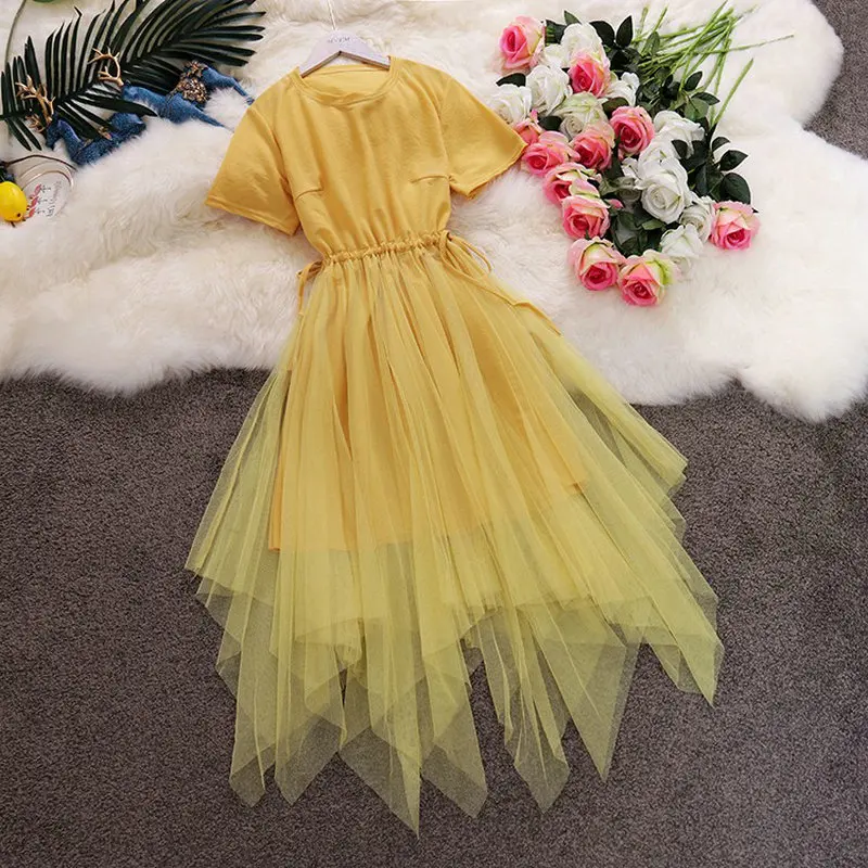 2019 summer new women's O-neck short sleeve lace up waist stitching gauze irregular dresses female elegant mesh puff dress
2019 summer new women's O-neck short sleeve lace up waist stitching gauze irregular dresses female elegant mesh puff dress
