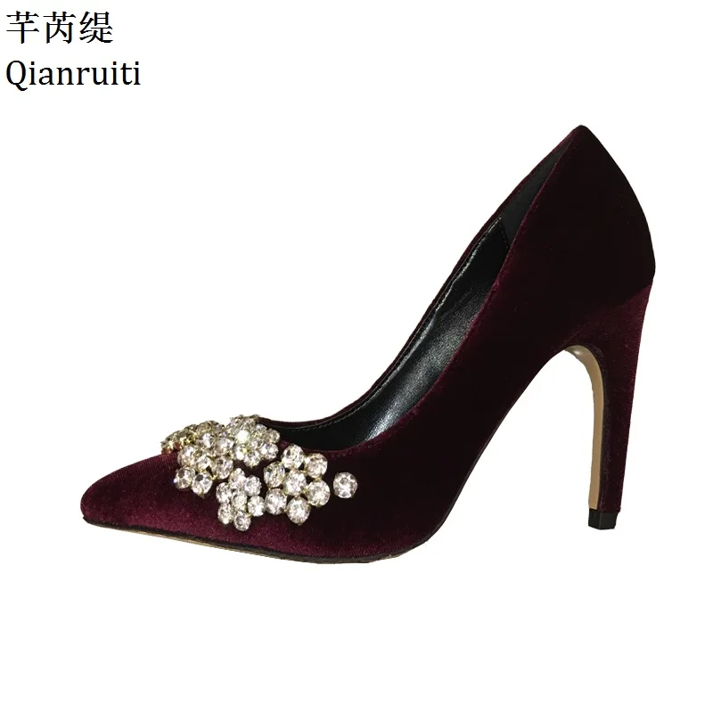 Qianruiti/винно-красные бархатные женские туфли на высоком каблуке шикарные