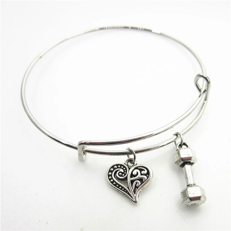 

10pcs/lot Love Heart dumbbell Charm sports bracelets bangles jewelry expandable adjustable wire hook bangles bracelet