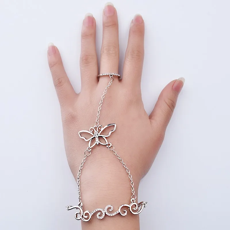 Mujer Anillo модный браслет с кристаллами и бабочками цепочка на запястье золотой