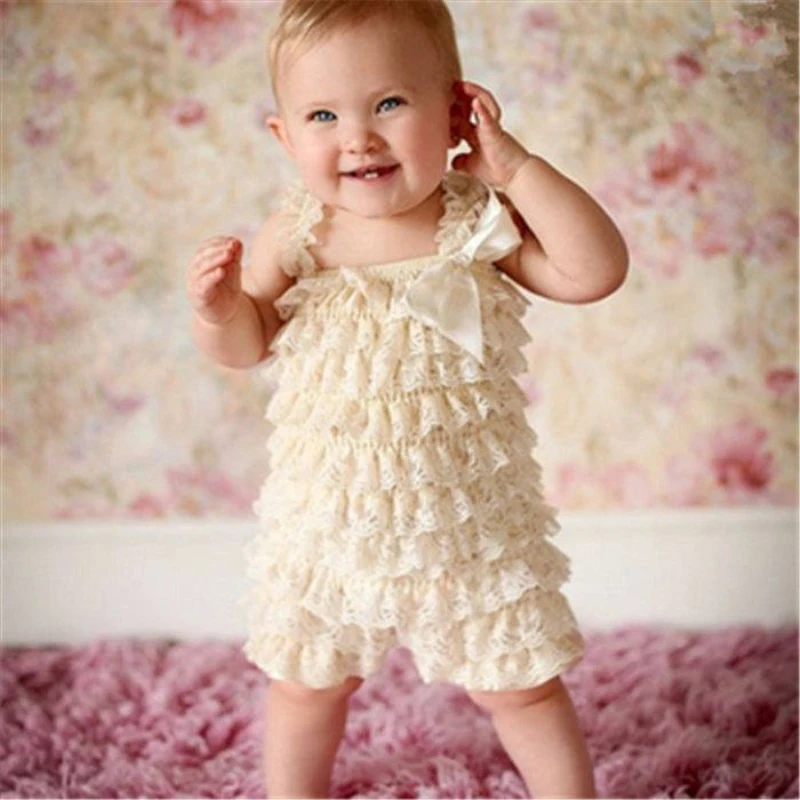 

Baby Lace Rompers Infant Lace Romper with Straps Ribbon Bow Kids Jumpsuit Baby Girls Lace Ruffled Petti Romper DS9