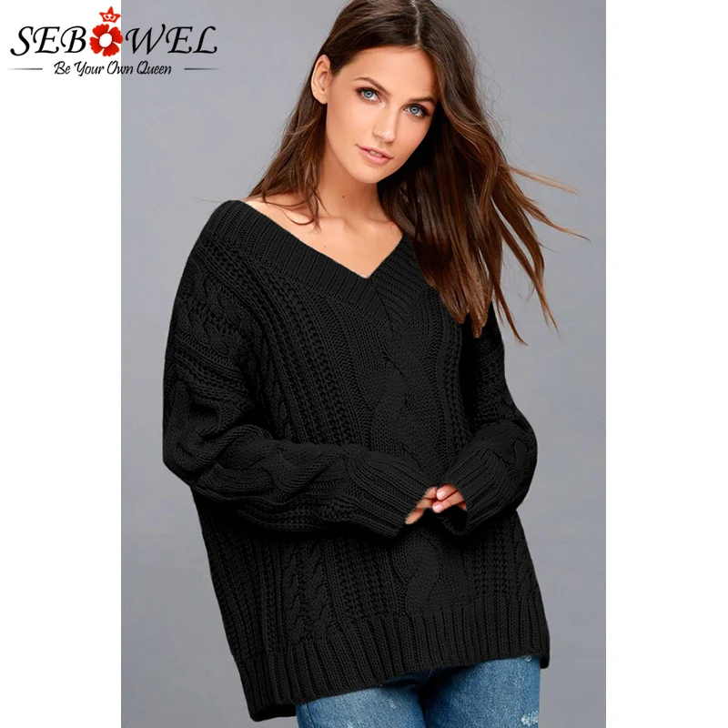 Black-Cable-Knit-V-Neck-Sweater-LC27873-2-3