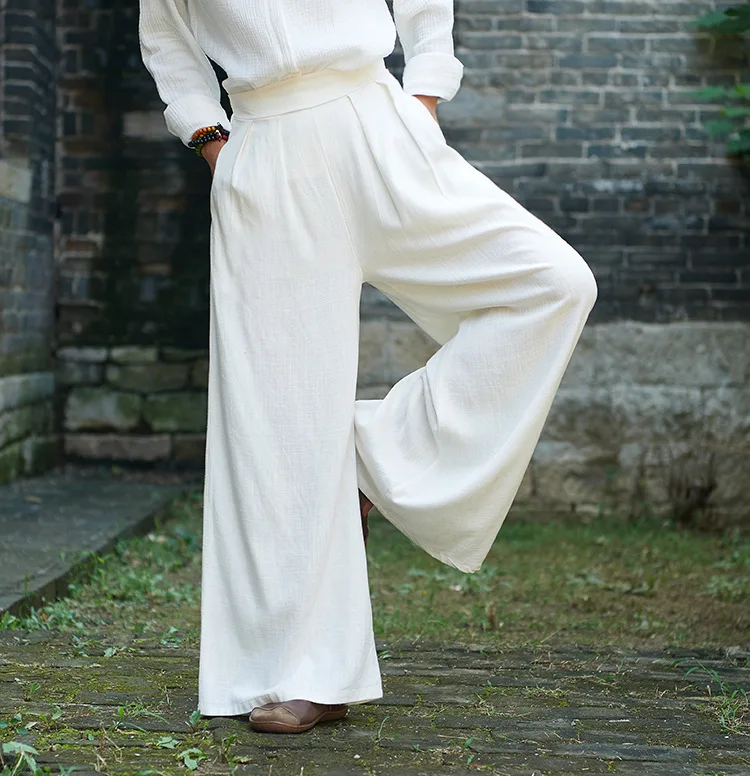 LZJN 2019 Spring Summer Culottes Pants Vintage Cotton Linen Pants Loose Full Length Trousers Women Wide Leg Pants White 3 Colors (30)