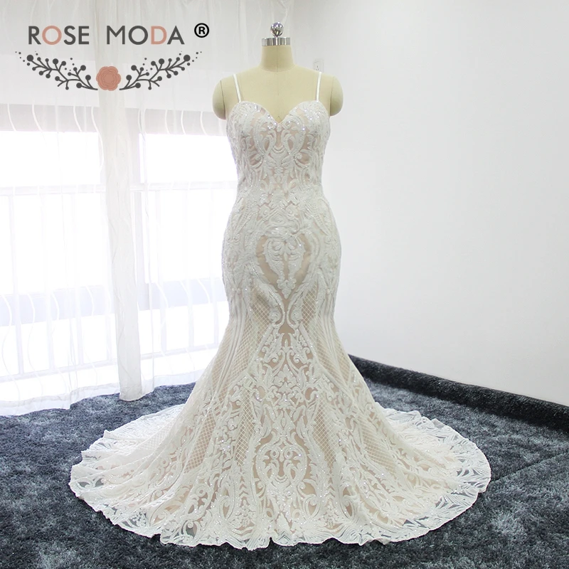 Rose Moda Stunning Sequined Lace Mermaid Wedding Dress Thin Straps Ivory over Blush Wedding Dresses Lace Up Back
Rose Moda Stunning Sequined Lace Mermaid Wedding Dress Thin Straps Ivory over Blush Wedding Dresses Lace Up Back