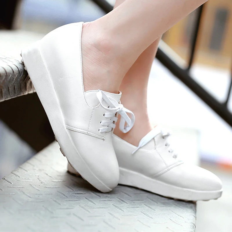 Image 2015 Newest Casual Shoes Less Platform Med Heel Lace Up Women Pumps Pink Blue Silver White Ladies Shoes