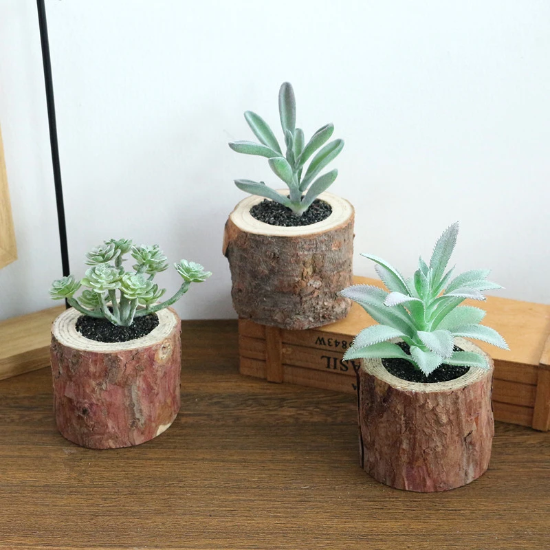 JAROWN Artificial Succulent Plants Potted Set Real Wooden Pile Flowerpot For Home Decoration Office Tabletop Decor (8)
