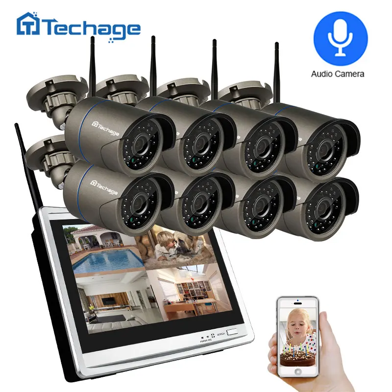 Techage 8CH 1080P Беспроводная система охранной камеры 12 "ЖК монитор Wifi NVR наружная