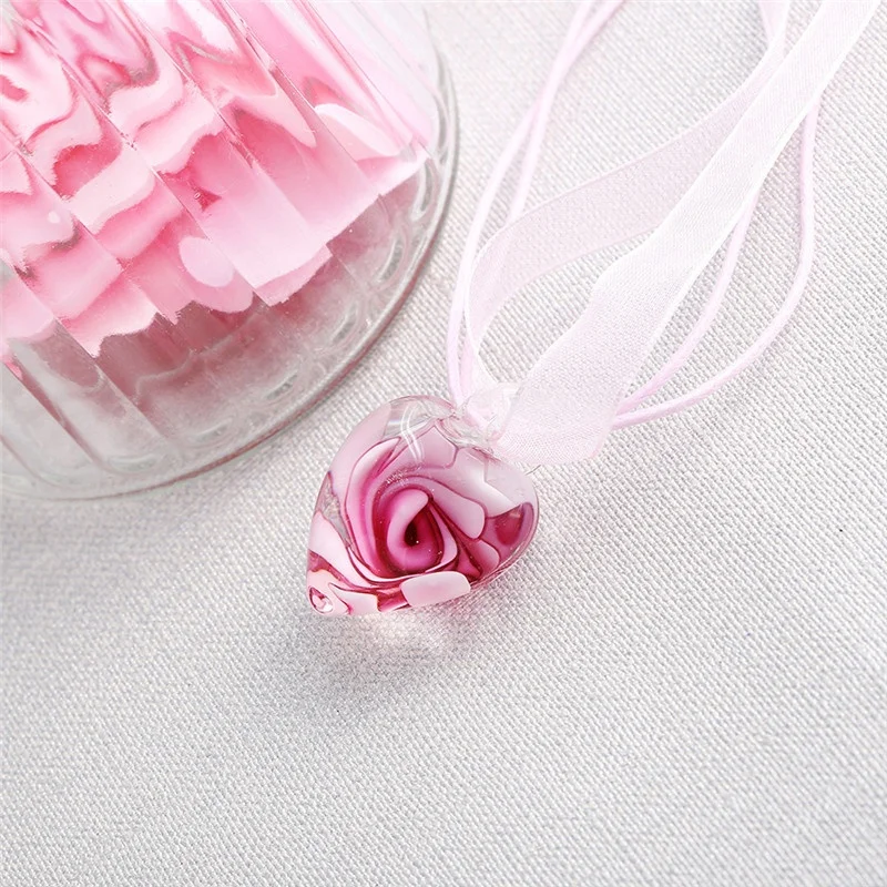 Handmade Luxury Love Heart Necklace Glass Blown Flower Inlaid Spiral Ribbon*