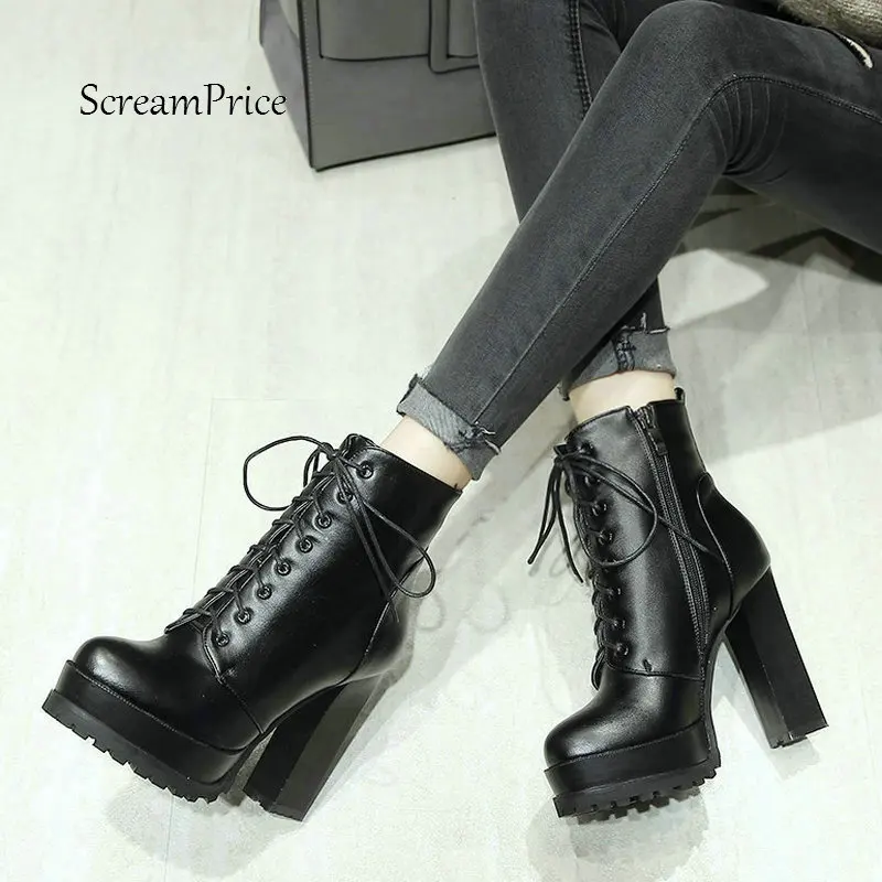 Thick High Heels Ankle Women Boots Lace Up Round Toe Footwear Fashion Female Shoes Winter Warm Boots