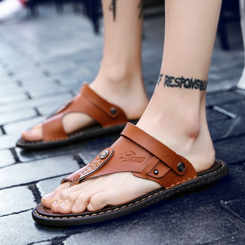 2018 Summer Men Sandals Split Leather Beach Brand Casual Shoes Flip Flops Thong Sneakers Male Slides