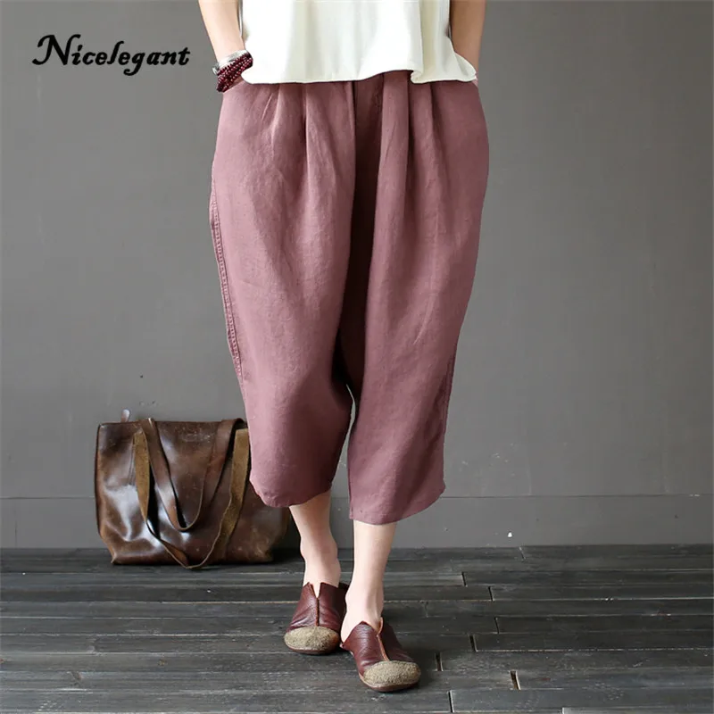 Spring Summer Original 2019 New Pants Ankle Length Solid Fashion Linen Vintage Art Casual Harem Women Pockets Loose | Женская одежда
