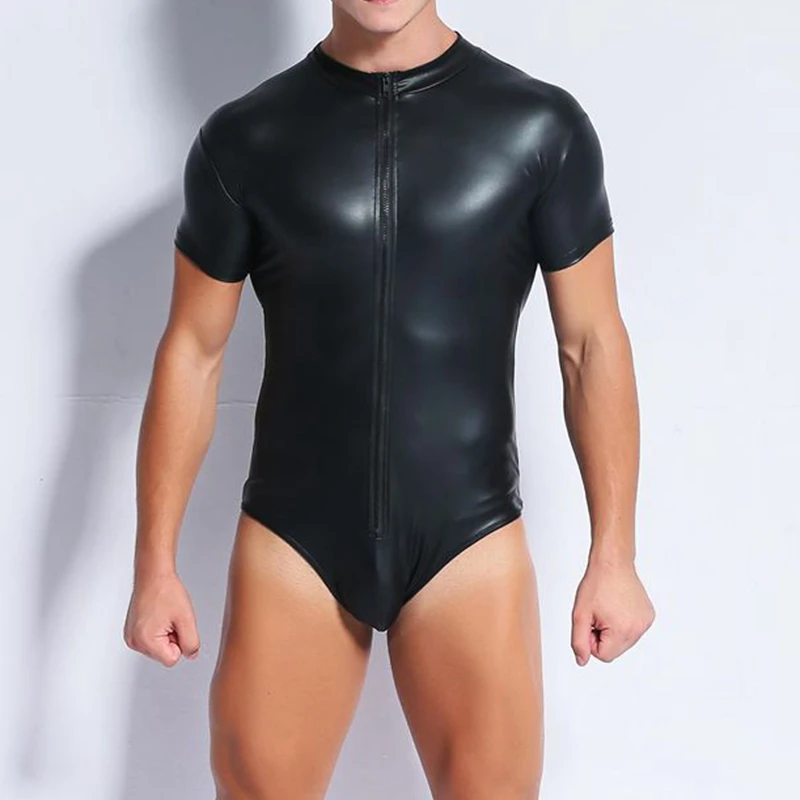 Body Suits Men Fetish Black Faux Leather Short Sleeve Zipper Front Stretch Lingerie Bodysuit Sexy Night Club Wear Teddy Lingerie (3)