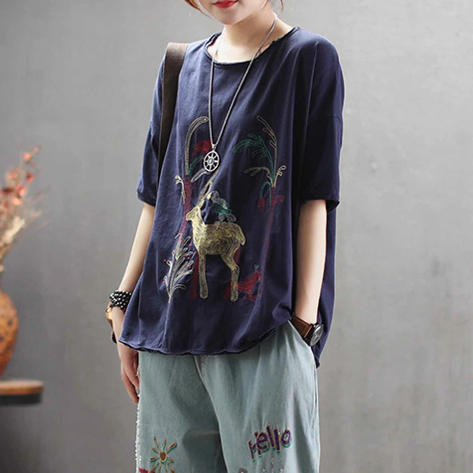 Womens Linen Cotton Tops T Shirt Tees for Ladies O Neck Embroidery Deer Loose Big Size Fashion Casual Vintage for Summer 62055
Womens Linen Cotton Tops T Shirt Tees for Ladies O Neck Embroidery Deer Loose Big Size Fashion Casual Vintage for Summer 62055