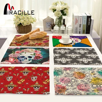 

Miracille 2/4/6pieces Set Sugar Skull Art Home Decorative Table Place Mats Flower Skulls Pattern Placemats For Kitchen Table