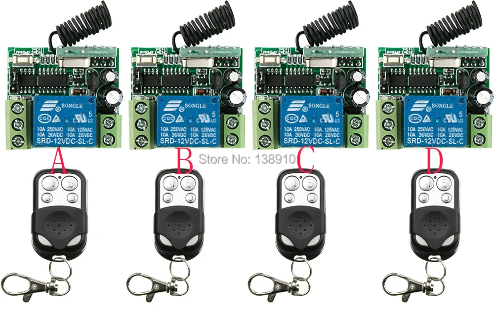DC12V 10A 1Channe RF wireless remote control switch System 4 X Transmitter +4X Receiver,315/433 MHZ lamp/ window/Garage Doors
DC12V 10A 1Channe RF wireless remote control switch System 4 X Transmitter +4X Receiver,315/433 MHZ lamp/ window/Garage Doors