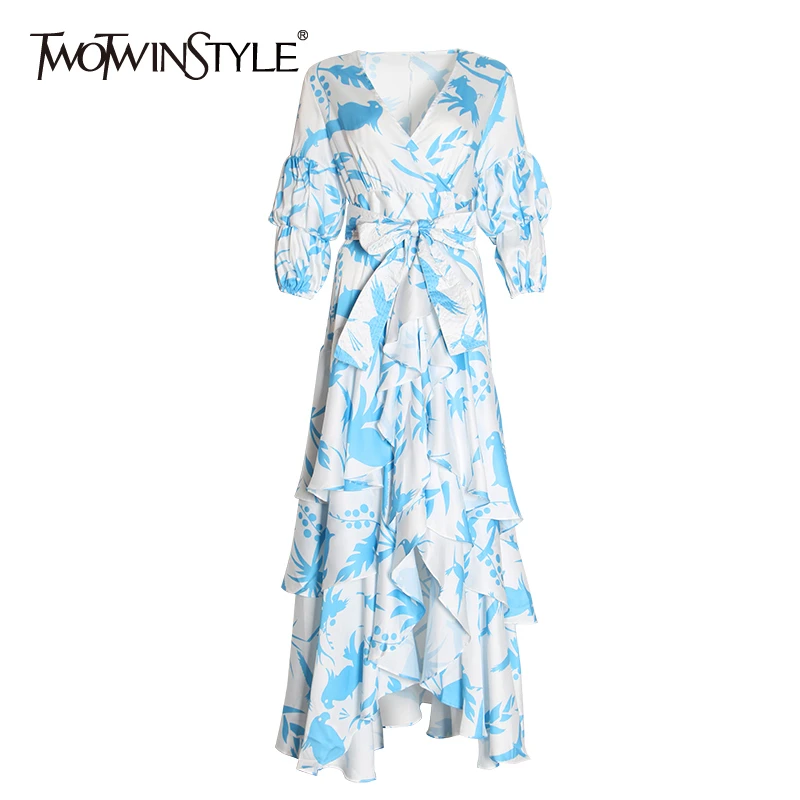TWOTWINSTYLE Summer Print Dress For Women V Neck Puff Sleeve High Waist Bowknot Bandages Ruffles Dresses Female 2019 Fashion New
TWOTWINSTYLE Summer Print Dress For Women V Neck Puff Sleeve High Waist Bowknot Bandages Ruffles Dresses Female 2019 Fashion New