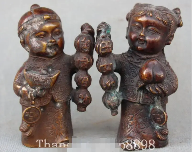 China Bronze Stand Auspicious hold YuanBao Peach Tong Boy Tong Girl pair Statue
China Bronze Stand Auspicious hold YuanBao Peach Tong Boy Tong Girl pair Statue
