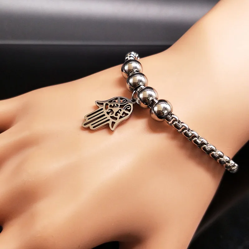 Hamsa Hand Silver Color Stainless Steel Bracelet Women Bead Bracelets Bangles Jewelry mano de fatima pulseras mujer moda BB1208A
Hamsa Hand Silver Color Stainless Steel Bracelet Women Bead Bracelets Bangles Jewelry mano de fatima pulseras mujer moda BB1208A