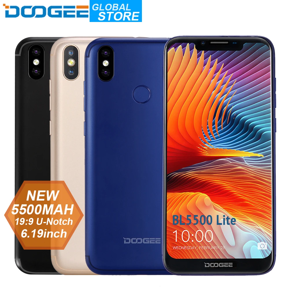 

NEW U-Notch DOOGEE BL5500 Lite Smartphone 6.19 inch MTK6739 Quad Core 2GB RAM 16GB ROM 5500mAh Dual SIM 13.0MP Android 8.1 FDD