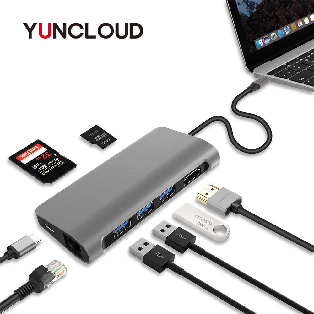 YUNCLOUD USB C 3.1 Hub with USB 3.0 PD Ethernet HDMI 4K LAN SD/TF Card Reader Combo Splitter For Samsung S9/S8/S8+ Macbook Pro
YUNCLOUD USB C 3.1 Hub with USB 3.0 PD Ethernet HDMI 4K LAN SD/TF Card Reader Combo Splitter For Samsung S9/S8/S8+ Macbook Pro