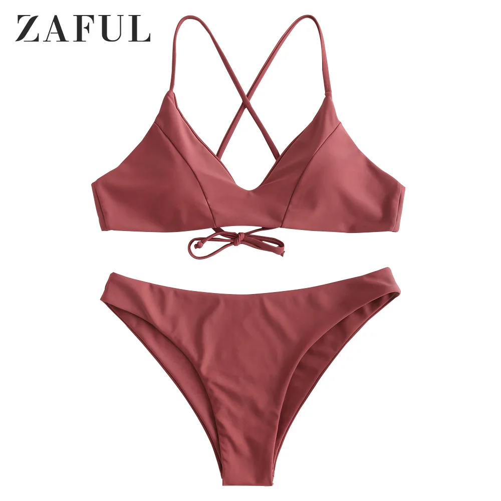 

ZAFUL Crisscross Bralette Bikini Set Woman Low Waist Bikinis Lacing Back Padded Swimsuit Spaghetti Straps Solid Beachwear
