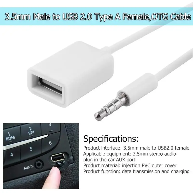 

15cm 3.5mm 2.0 Type A Female OTG Converter Adapter Cable Wire Cord Connecting Line Audio AUX Jack Male to USB Auto Car Accessory