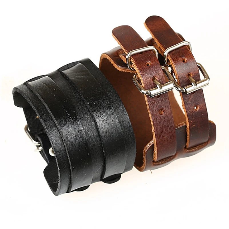 P01425Handmade Boho Gypsy Hippie Punk Brown Black Genuine Real Cow Leather Alloy Clasp Unisex 5Size Adjustable Wide Big Bracelet | Украшения