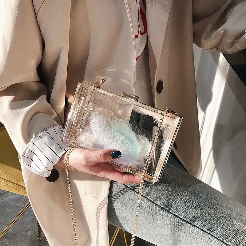 Fashion Acrylic Day Clutches Chain Evening Bag Transparent Box Shape Shoulder Messenger Bag Designer Wedding Party Feather Purse
Fashion Acrylic Day Clutches Chain Evening Bag Transparent Box Shape Shoulder Messenger Bag Designer Wedding Party Feather Purse