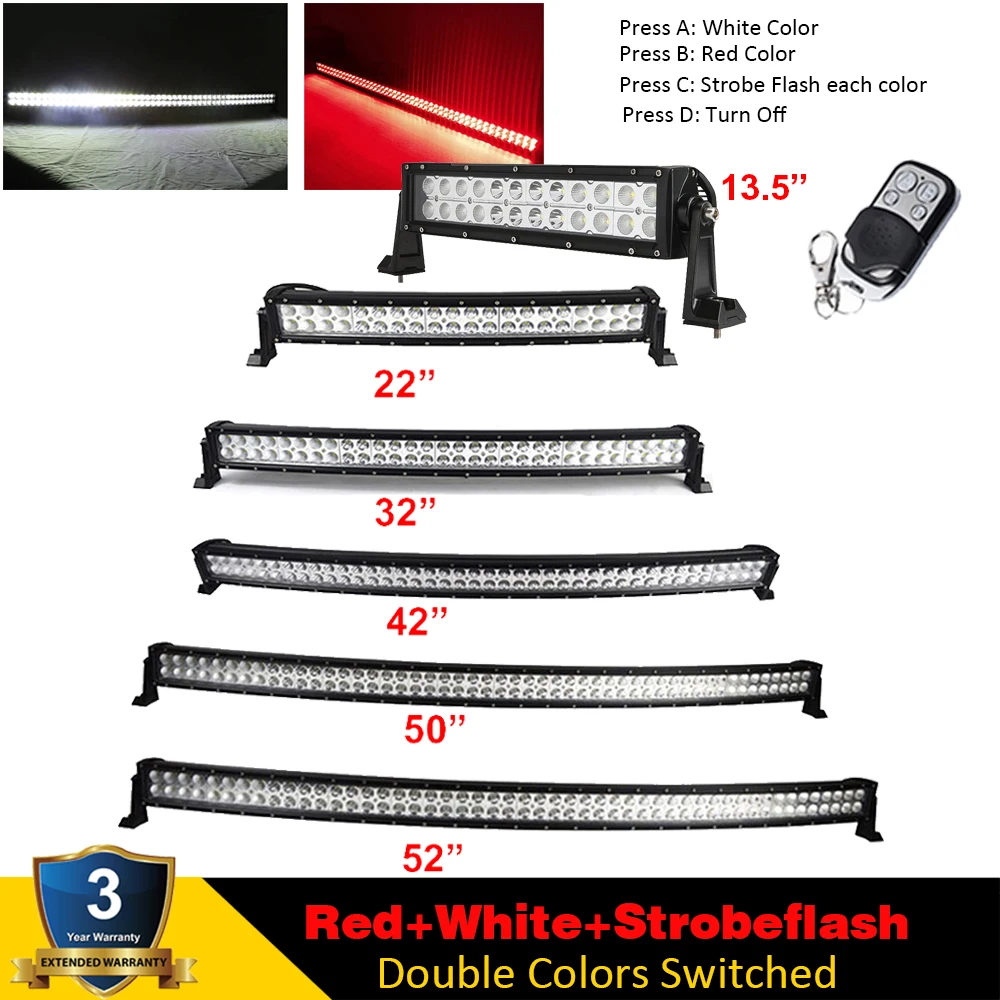 

Red/White/Strobeflash 7/13.5/22/32/42/50/52"inch LED Light Bar Curved/Straight Offroad Driving Warning Lamp SUV TRUCK 4X4WD ATV