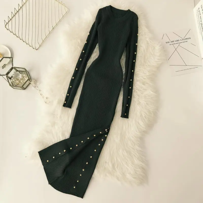 2018 new fashion women's dresses autumn new round neck button long-sleeved slim knitted dress
2018 new fashion women's dresses autumn new round neck button long-sleeved slim knitted dress