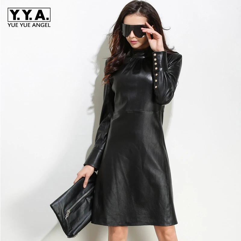 Punk Style Womens Zipper Long Sleeve Stand Collar Dress Female New Fashion Vestidos Genuine Leather Button Slim Robe Femme Black
Punk Style Womens Zipper Long Sleeve Stand Collar Dress Female New Fashion Vestidos Genuine Leather Button Slim Robe Femme Black