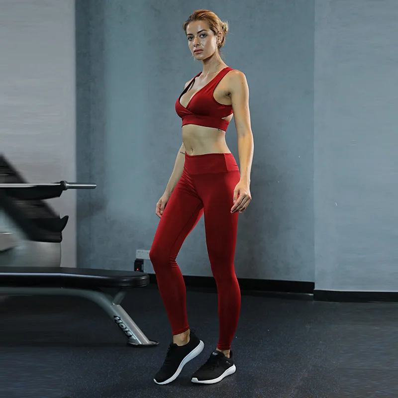 Sports Suit Women V Neck Tanks Tracksuits Crop Tops Slim Tights Tanks + Sexy Leggings Suit Set Clothing for Women's Fitness (2)