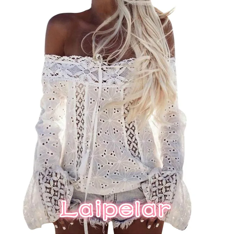 Sexy White Lace Blouse Shirt Women Fashion Off Shoulder Top Slash neck Flare Sleeve Female Blouses Summer Hollow Out Tops
Sexy White Lace Blouse Shirt Women Fashion Off Shoulder Top Slash neck Flare Sleeve Female Blouses Summer Hollow Out Tops