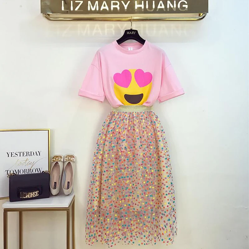 Women Cartoon Print Cotton T-Shirts Top + Colorful Dot Mesh Skirt Set 2019 Summer Sweet Girls Loose Tee Tulle Skirt 2 Piece Set
Women Cartoon Print Cotton T-Shirts Top + Colorful Dot Mesh Skirt Set 2019 Summer Sweet Girls Loose Tee Tulle Skirt 2 Piece Set