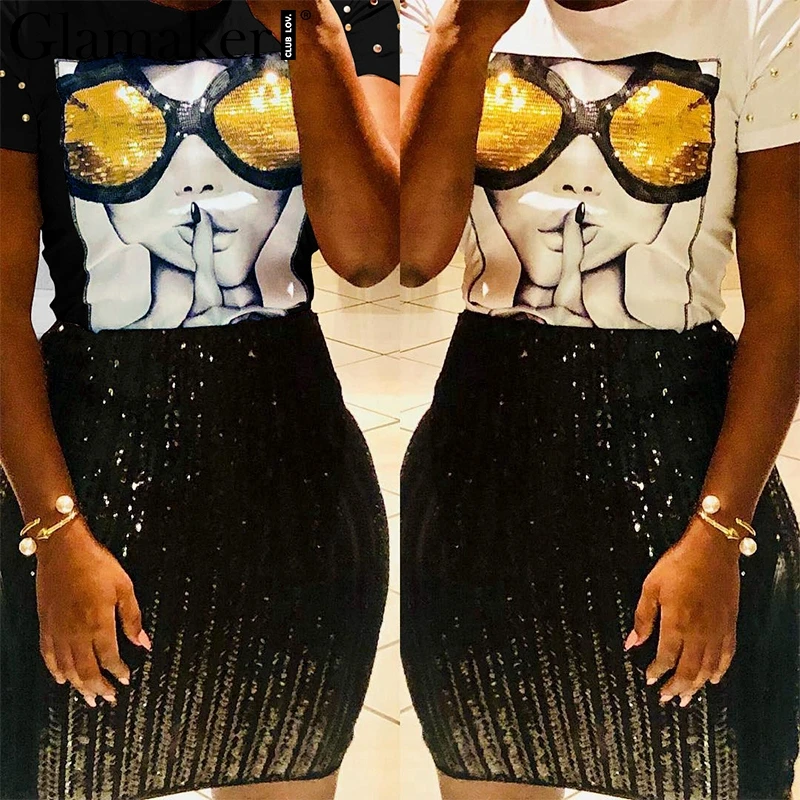 Glamaker Kawaii print black sequins t shirt Women short sleeve white rivet female t shirt Summer party femlae friends shirt tops
Glamaker Kawaii print black sequins t shirt Women short sleeve white rivet female t shirt Summer party femlae friends shirt tops
