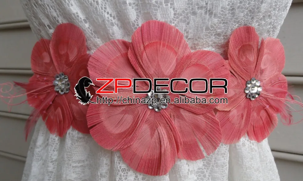 LANNA Coral and Pink Peacock Feather Flower Bridal Wedding Sash with Pink Veil and Crystals2