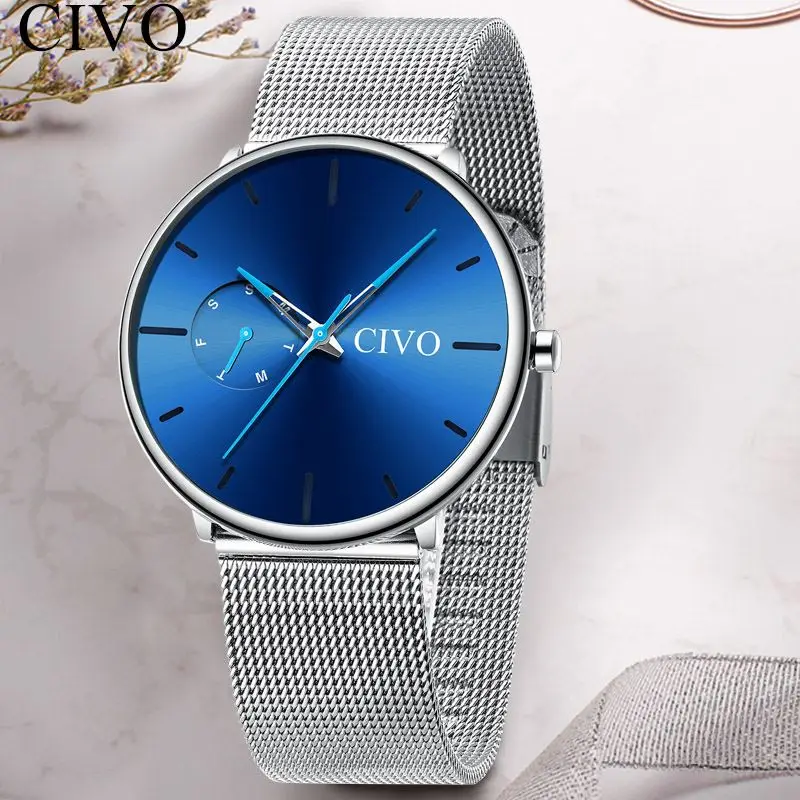 Фото CIVO Blue Face модные мужские часы с серебряным сетчатым ремешком водонепроницаемые
