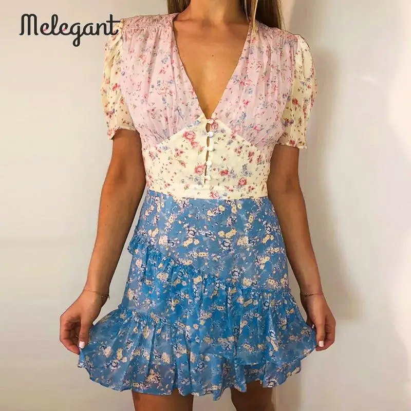 Melegant Floral Ruffles Women Dress Vintage Patchwork Dresses Casual Party Short Button Puff Dress Vestidos
Melegant Floral Ruffles Women Dress Vintage Patchwork Dresses Casual Party Short Button Puff Dress Vestidos