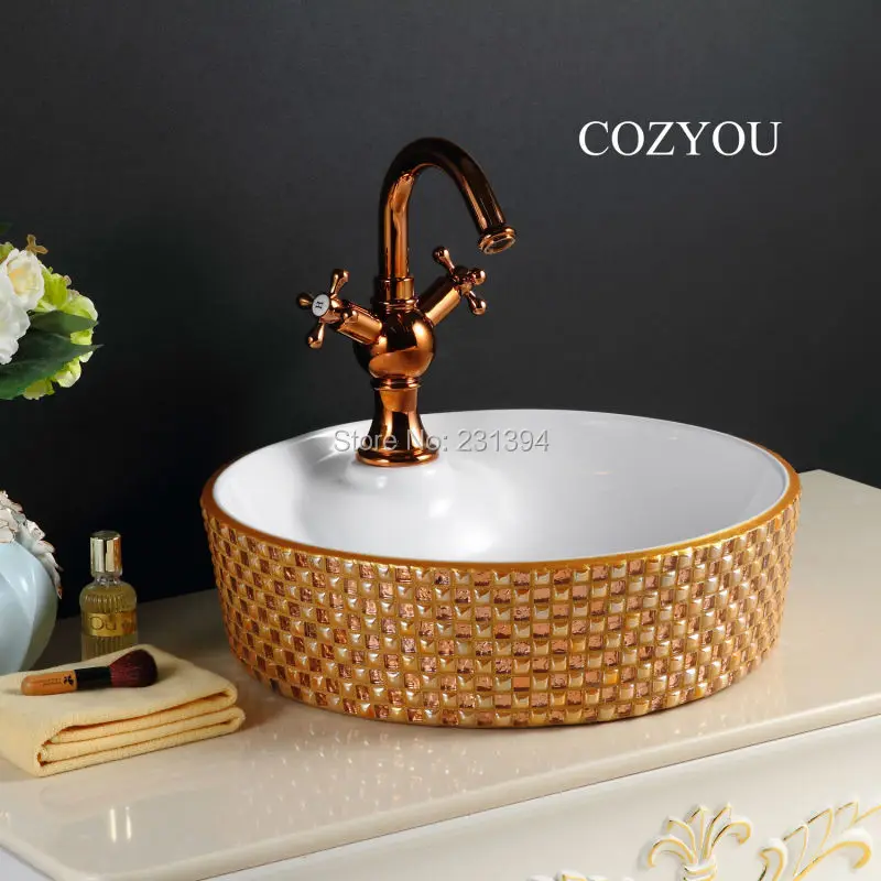 Image Luxury Rose gold rhinestones Round Ceramic bathroom Sink with mixer faucet.Edge gold paint,countertop washbasins,washbowl bowl