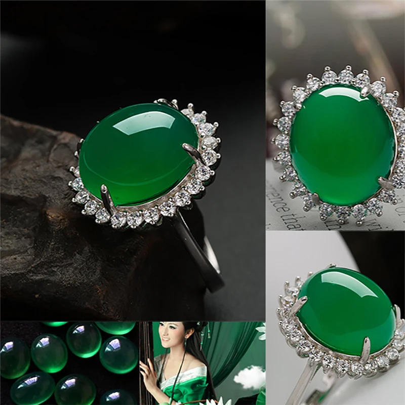 MOROW High Quality Natural Green Chalcedony Jewel Finger Rings Vintage Fashion Jewelry Female Engagement Ring for Birthday Gift (3)