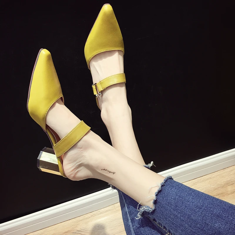 Фото HIZCINTH на высоком каблуке тапочки 2018 летние Мюллер обувь женщина кожа острый носок