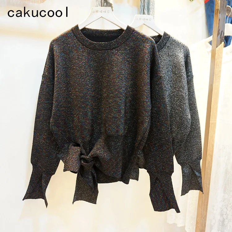 Cakucool Для женщин Золотой Люрекс трикотажный пуловер с длинными рукавами и круглым