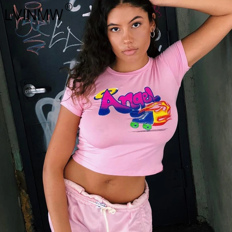 LVINMW Sexy Cotton Angel Letter Print O-neck Short Sleeve Crop Top 2019 Summer Women Casual Slim Pink Tshirt Female Streetwear
LVINMW Sexy Cotton Angel Letter Print O-neck Short Sleeve Crop Top 2019 Summer Women Casual Slim Pink Tshirt Female Streetwear
