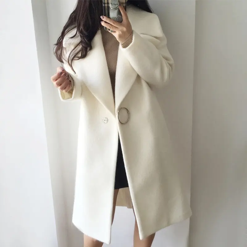 2017 White Wool Blend Coat Women Lapel Long Parka Winter Jacket Cocoon