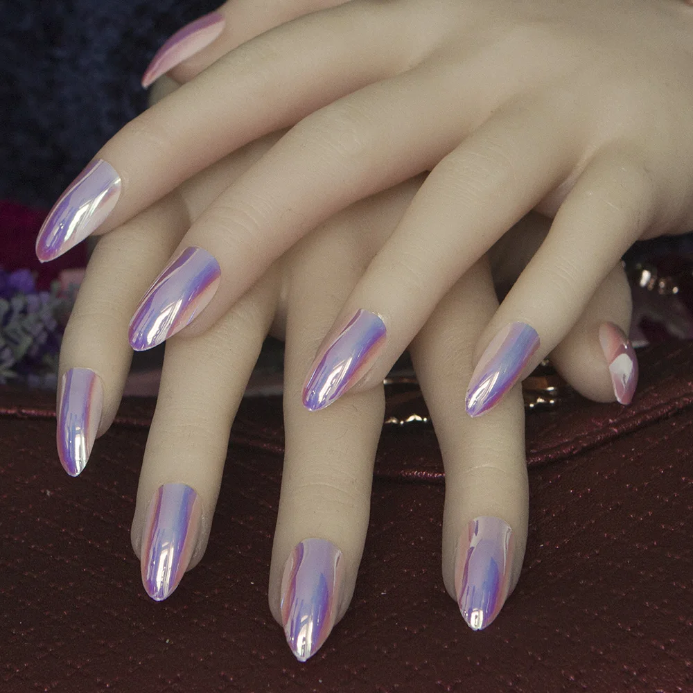 Newest 24Pcs/set Full cover stiletto nails Tips Metal Purple False nail Salon Mirror Light Blue laser end product Fake nails
Newest 24Pcs/set Full cover stiletto nails Tips Metal Purple False nail Salon Mirror Light Blue laser end product Fake nails