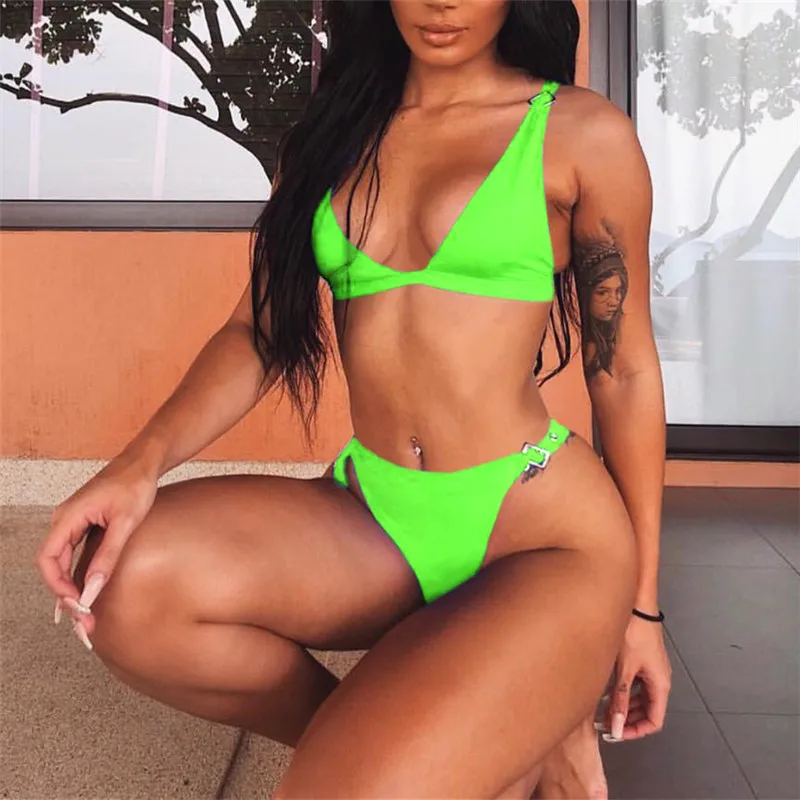 

Neon Bikini 2019 Green Thong Swimwear Women Adjustable High Waisted Swimsuits Push Up Female Biquini Tanga Sexy Bathing Suit
