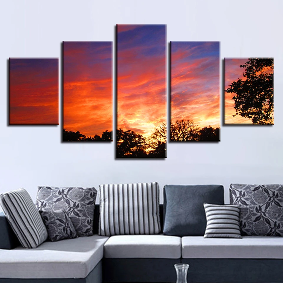 Modern HD Printing Pictures Frame Art 5 Pieces Tree Sunset Natural Scenery Modular Canvas Paintings Wall Decor Home Living Room