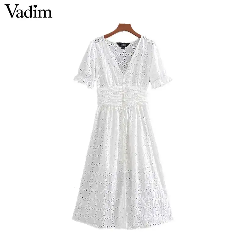 Vadim women hollow out V neck midi dress embroidery short sleeve pleated casual A line sweet female white dresses vestidos QB558
Vadim women hollow out V neck midi dress embroidery short sleeve pleated casual A line sweet female white dresses vestidos QB558