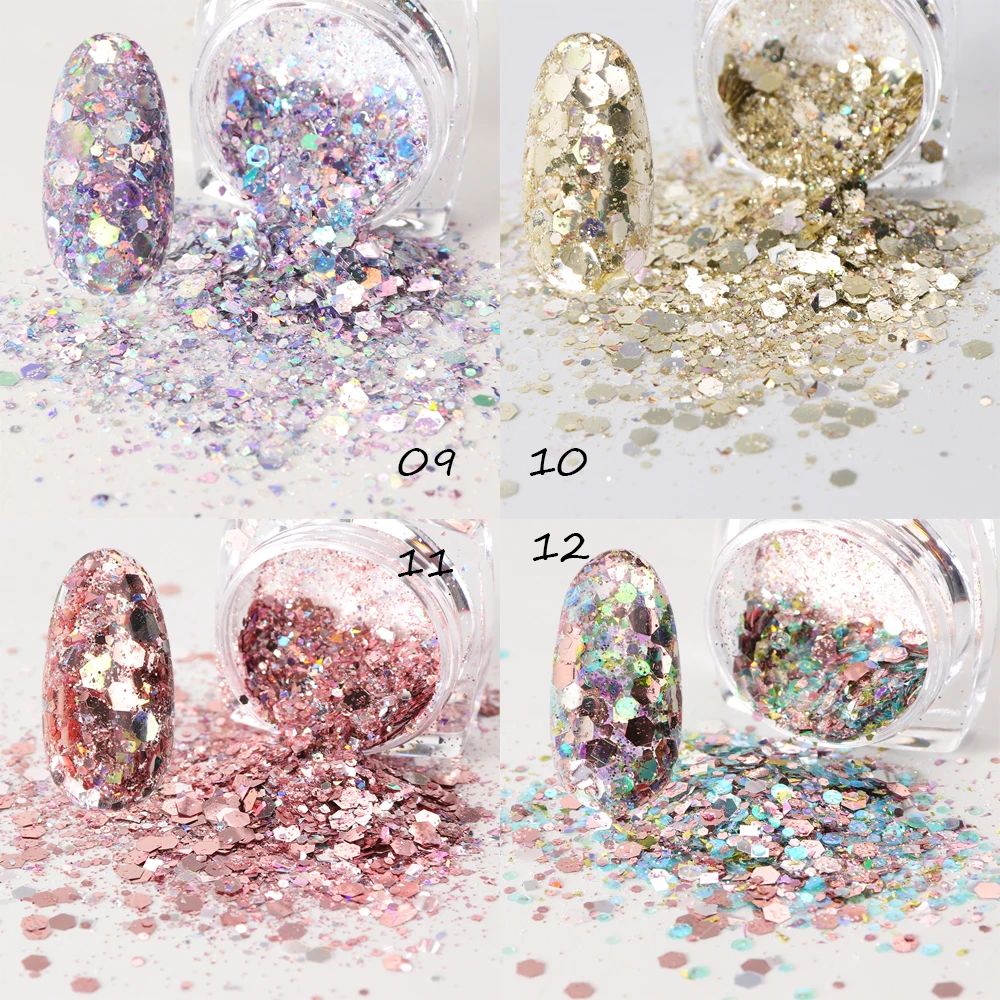 12 Box Colorful Metallic Hexagon glitter powder Flakes Sparkly Mermaid nail art Sequins 3D Manicure Powder for nailsLADJ01-12-1 (5)